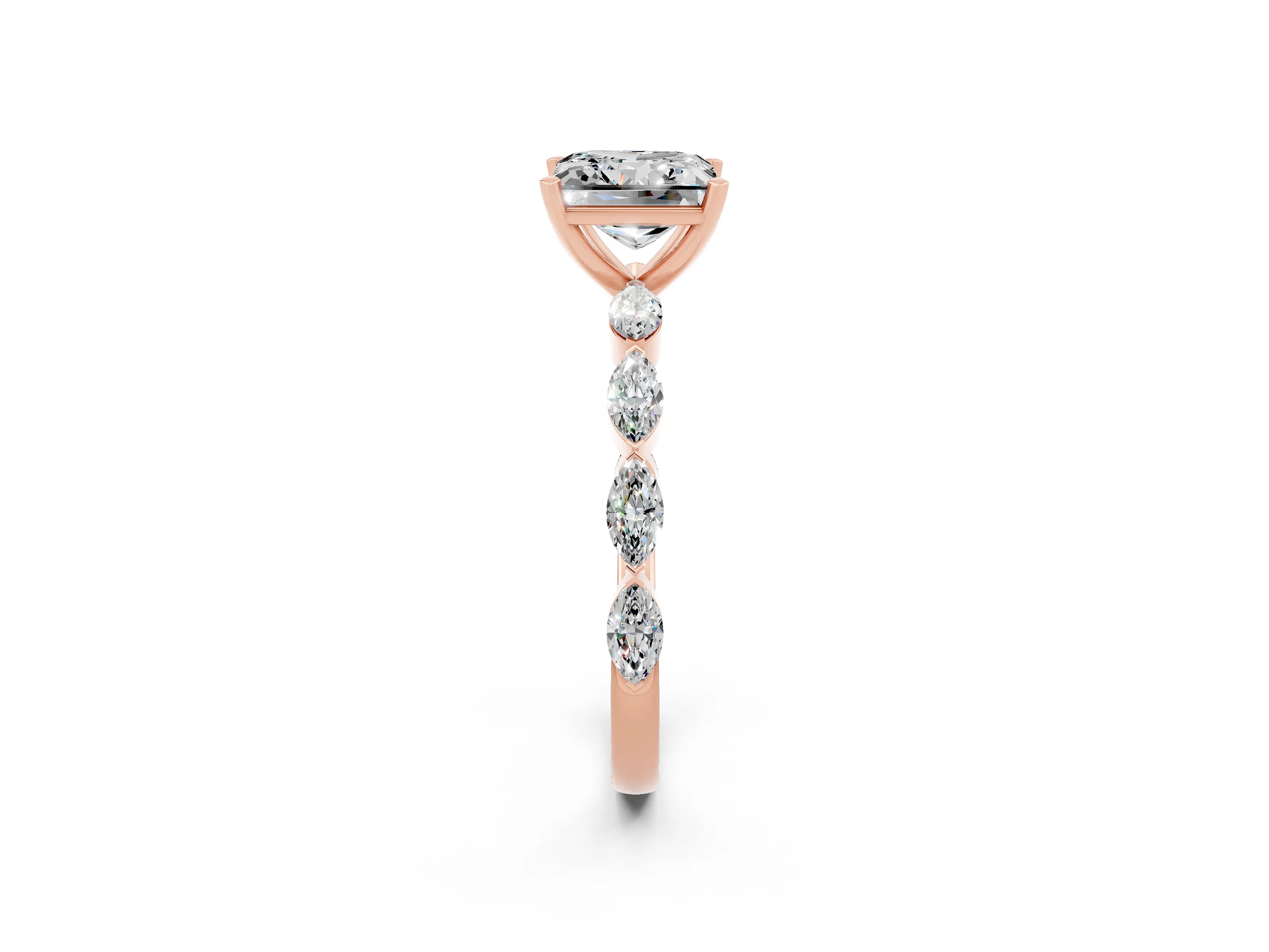 Rose gold Princess Cut Moissanite Ring with Marquise Side Stones and Prong Setting_2