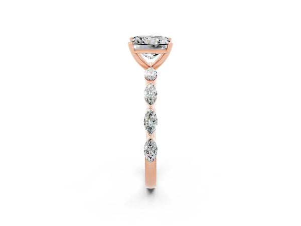 Rose gold Princess Cut Moissanite Ring with Marquise Side Stones and Prong Setting