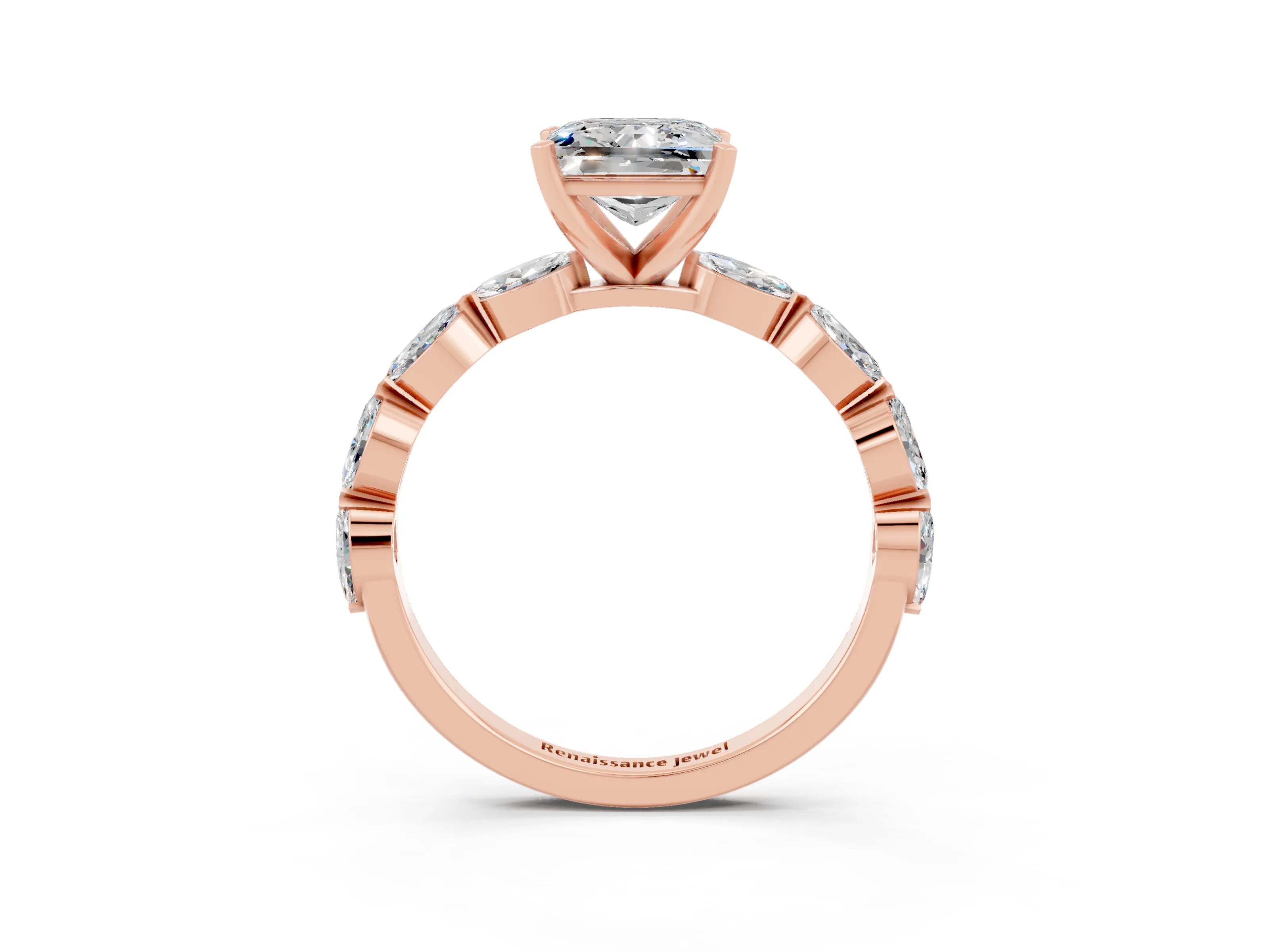 Rose gold Princess Cut Moissanite Ring with Marquise Side Stones and Prong Setting_3