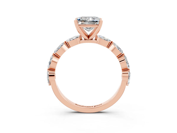 Rose gold Princess Cut Moissanite Ring with Marquise Side Stones and Prong Setting
