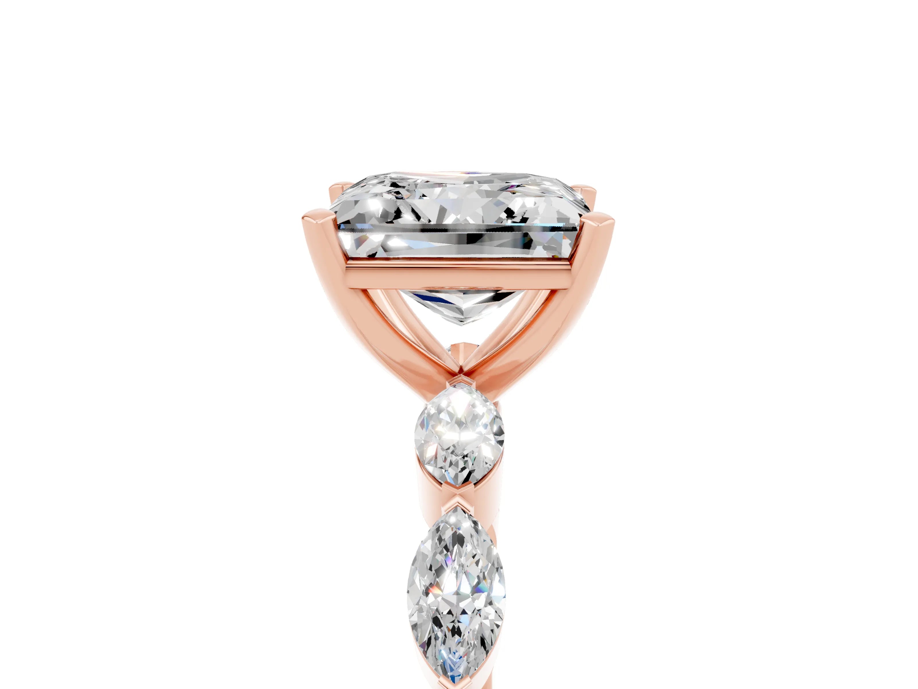 Rose gold Princess Cut Moissanite Ring with Marquise Side Stones and Prong Setting_5
