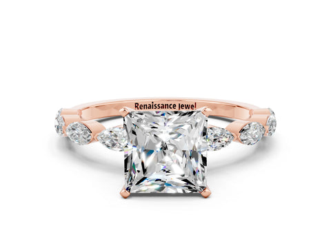 Rose gold Princess Cut Moissanite Ring with Marquise Side Stones and Prong Setting