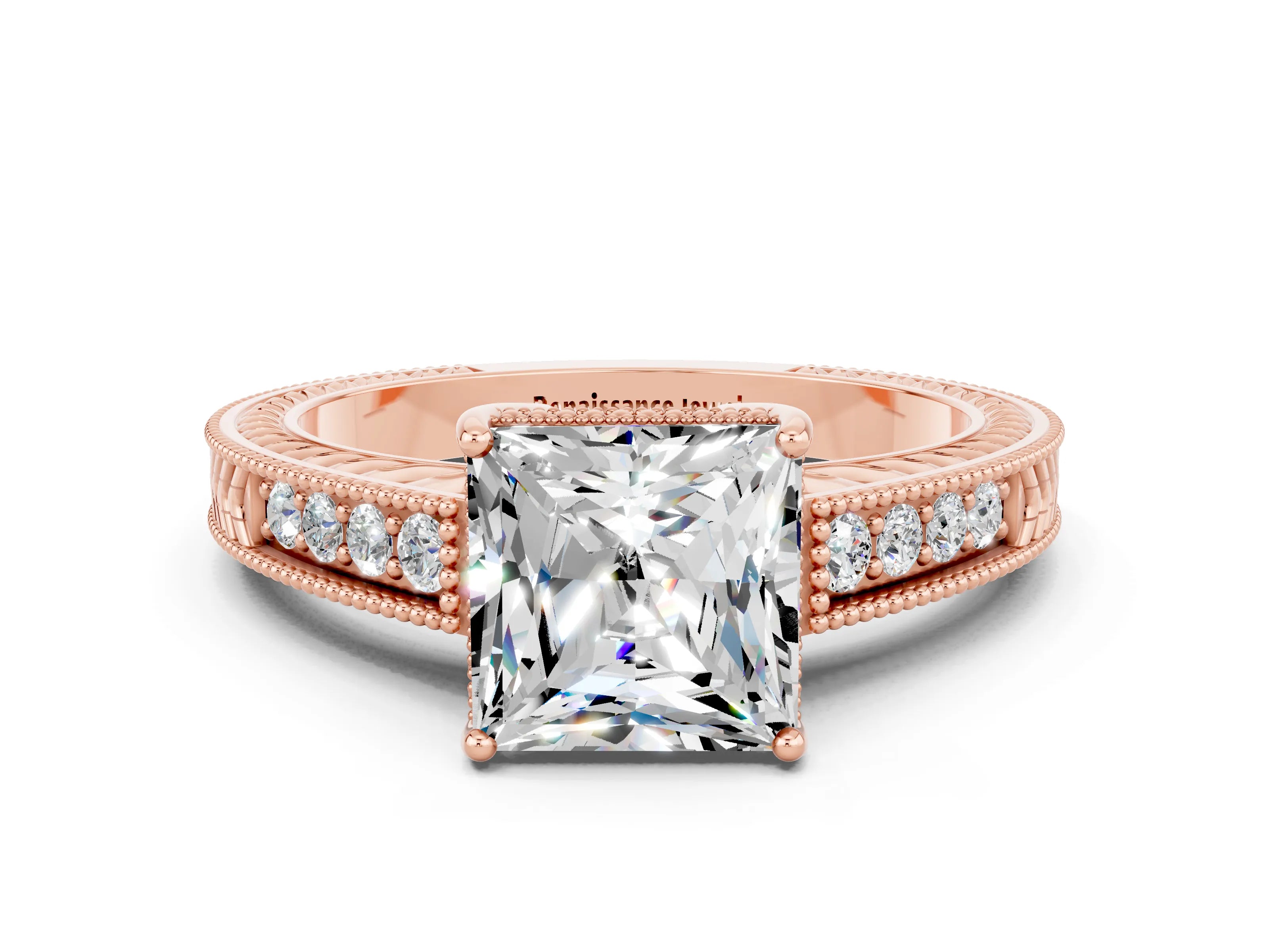 Rose gold Princess Cut Moissanite Ring with Milgrain Pavé Band and Four-Prong Setting_12