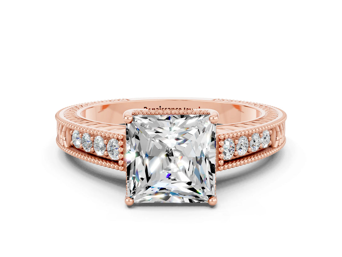 Rose gold Princess Cut Moissanite Ring with Milgrain Pavé Band and Four-Prong Setting_12