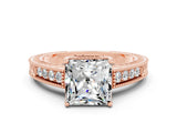 Rose gold Princess Cut Moissanite Ring with Milgrain Pavé Band and Four-Prong Setting_12