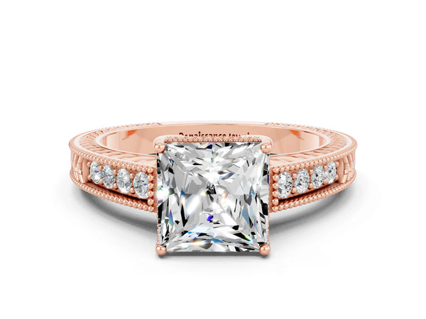Rose gold Princess Cut Moissanite Ring with Milgrain Pavé Band and Four-Prong Setting