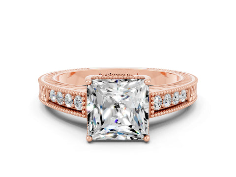 Rose gold Princess Cut Moissanite Ring with Milgrain Pavé Band and Four-Prong Setting_12