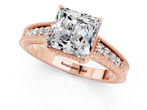 Rose gold Princess Cut Moissanite Ring with Milgrain Pavé Band and Four-Prong Setting_13