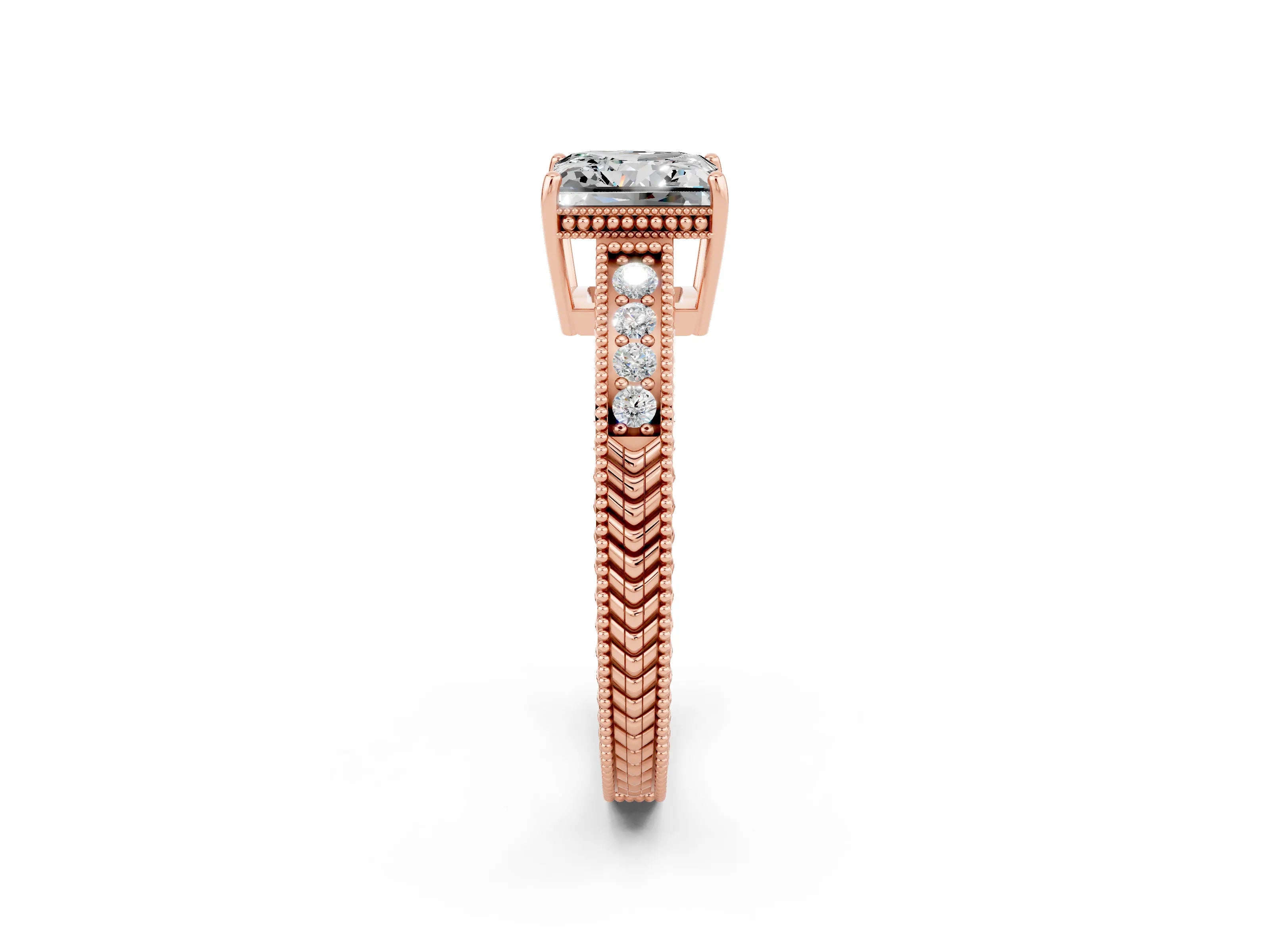 Rose gold Princess Cut Moissanite Ring with Milgrain Pavé Band and Four-Prong Setting_14