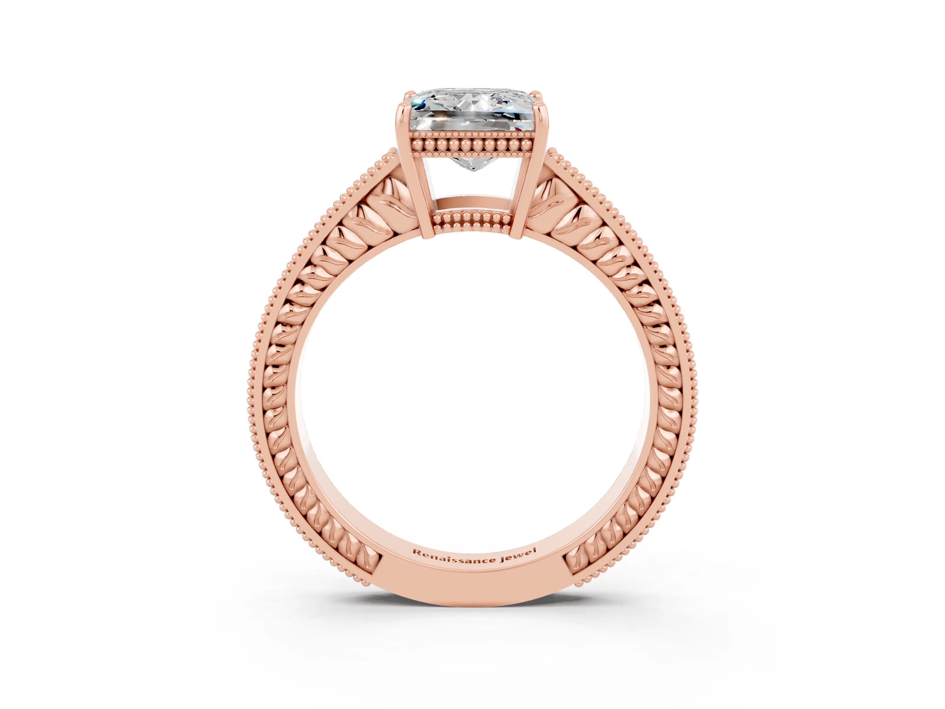 Rose gold Princess Cut Moissanite Ring with Milgrain Pavé Band and Four-Prong Setting_15