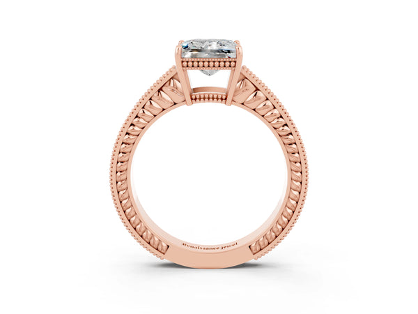 Rose gold Princess Cut Moissanite Ring with Milgrain Pavé Band and Four-Prong Setting