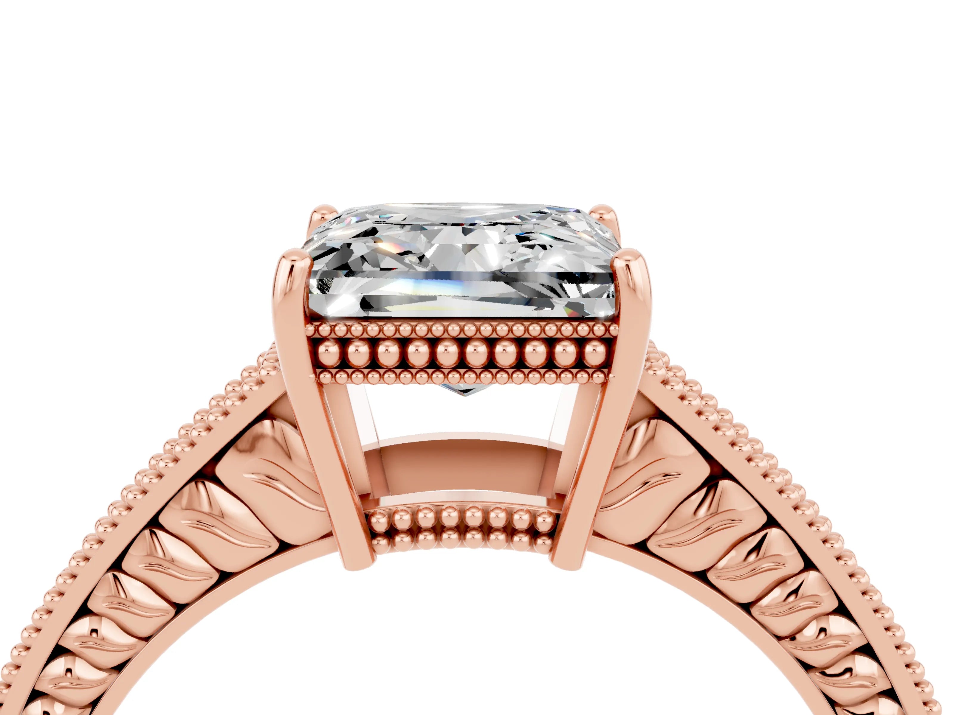 Rose gold Princess Cut Moissanite Ring with Milgrain Pavé Band and Four-Prong Setting_16