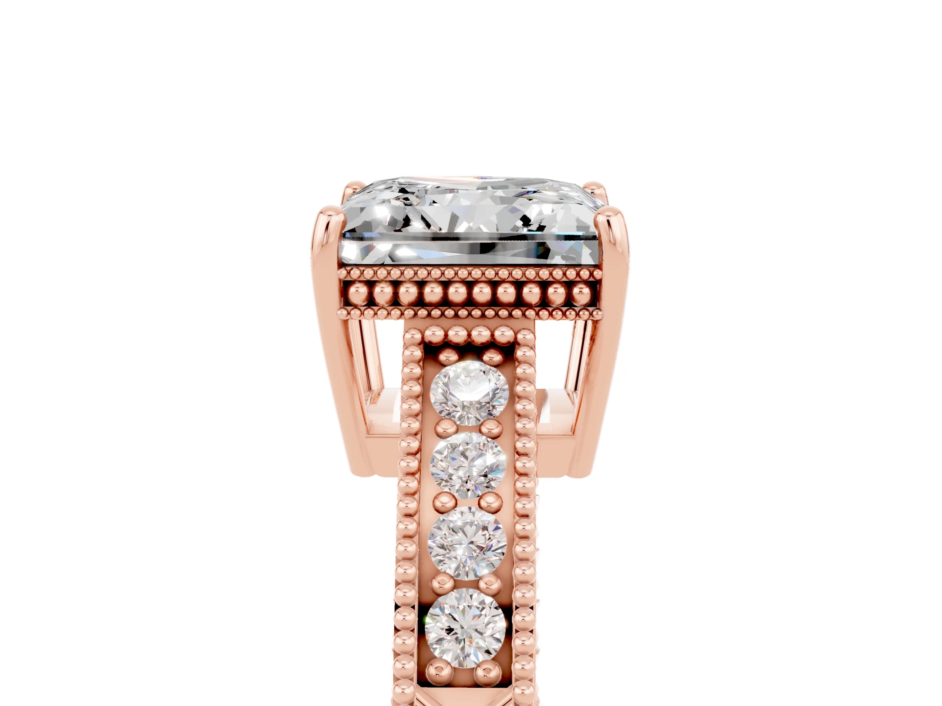 Rose gold Princess Cut Moissanite Ring with Milgrain Pavé Band and Four-Prong Setting_17