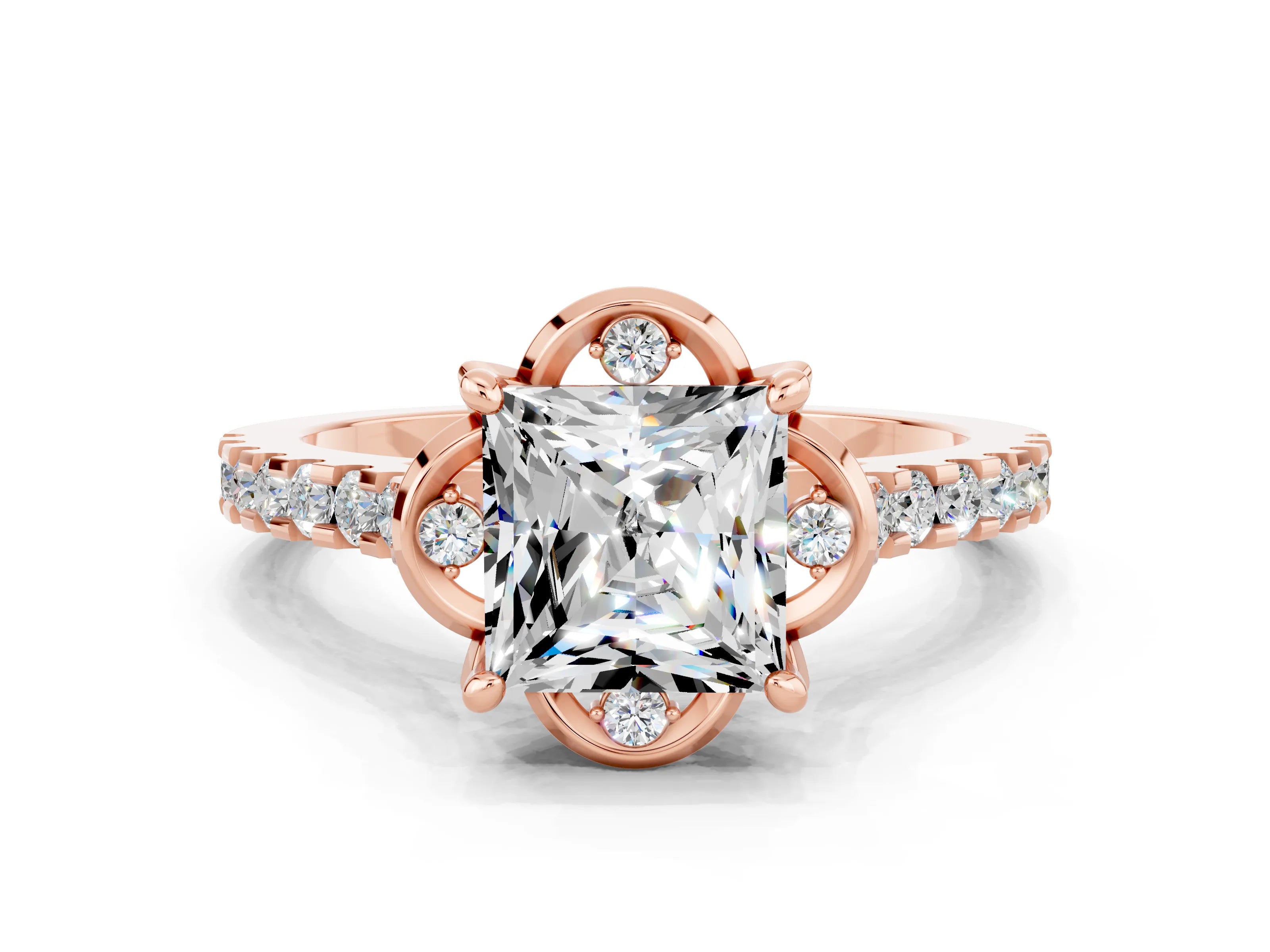 Rose gold Princess Cut Moissanite Ring with Pavé Band and Floral Prong Setting