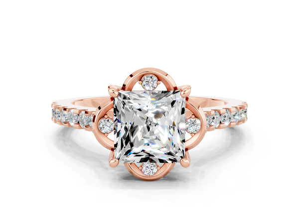 Rose gold Princess Cut Moissanite Ring with Pavé Band and Floral Prong Setting