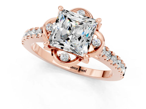 Rose gold Princess Cut Moissanite Ring with Pavé Band and Floral Prong Setting_1