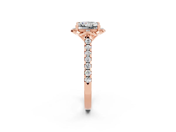 Rose gold Princess Cut Moissanite Ring with Pavé Band and Floral Prong Setting