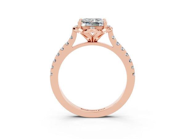 Rose gold Princess Cut Moissanite Ring with Pavé Band and Floral Prong Setting