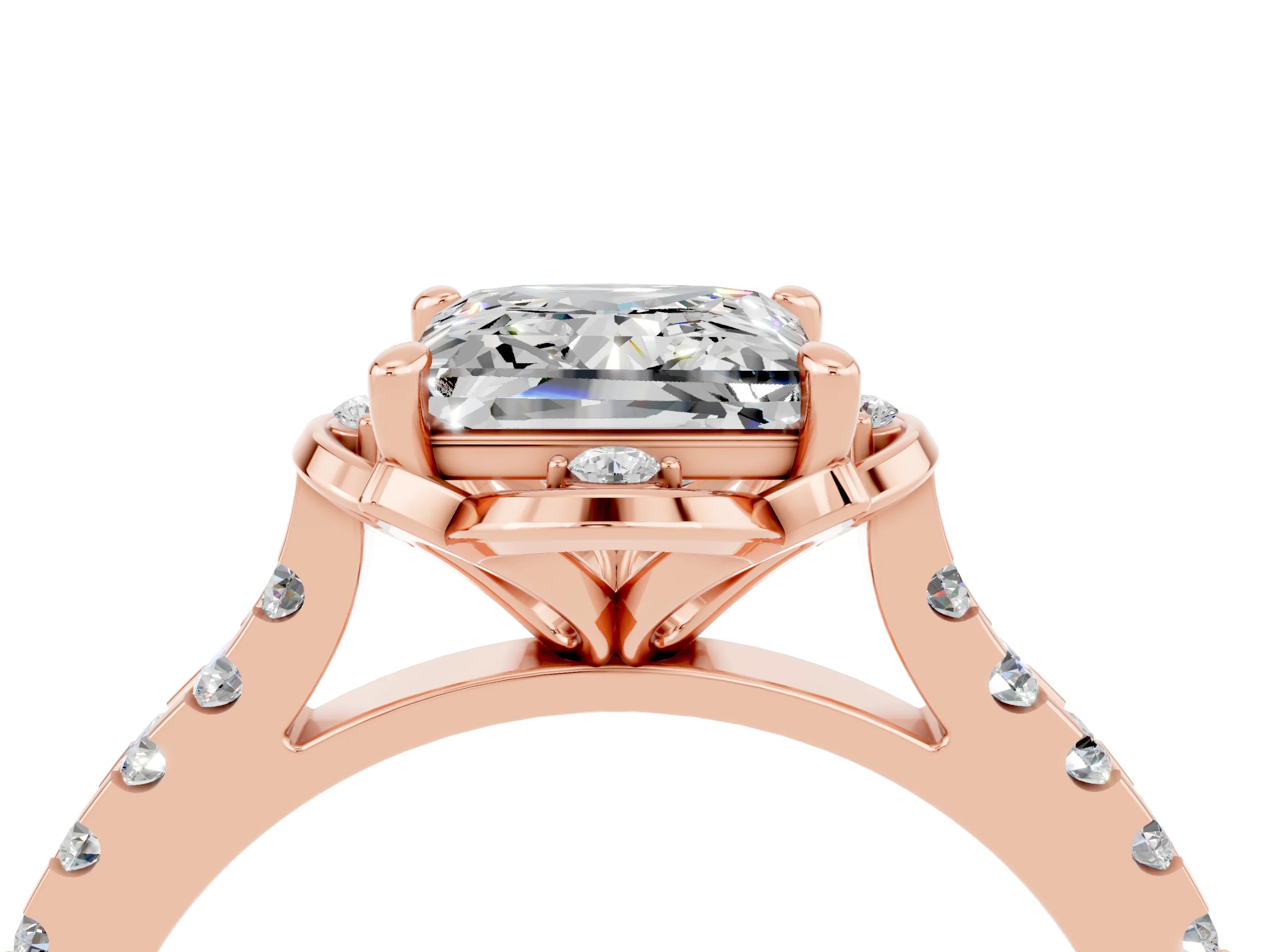 Rose gold Princess Cut Moissanite Ring with Pavé Band and Floral Prong Setting_4