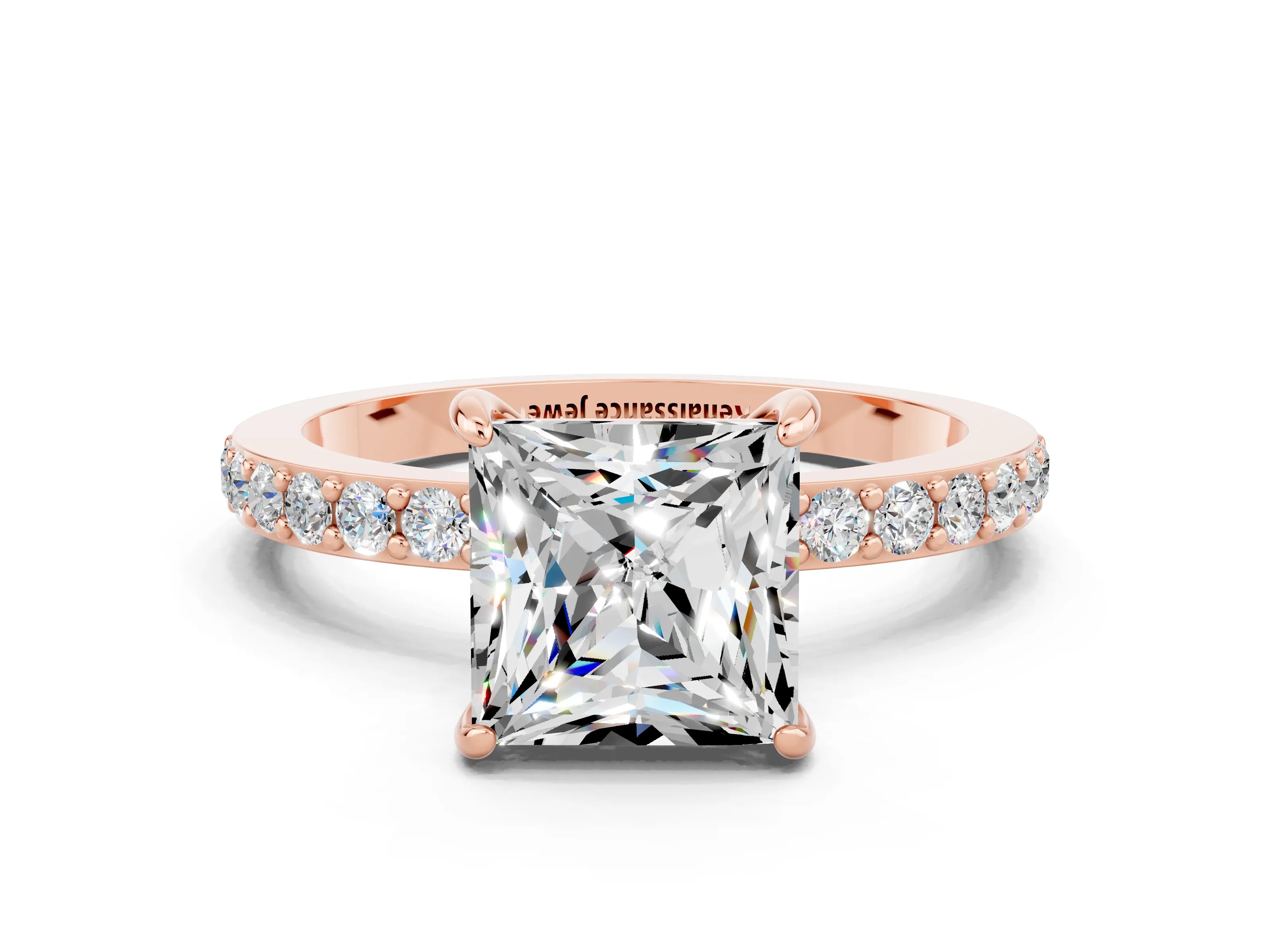 Rose gold Princess Cut Moissanite Ring with Pavé Band and Four-Prong Setting