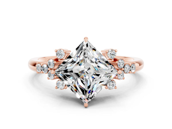 Rose gold Princess Cut Moissanite Ring with Side Stones and Four-Prong Setting