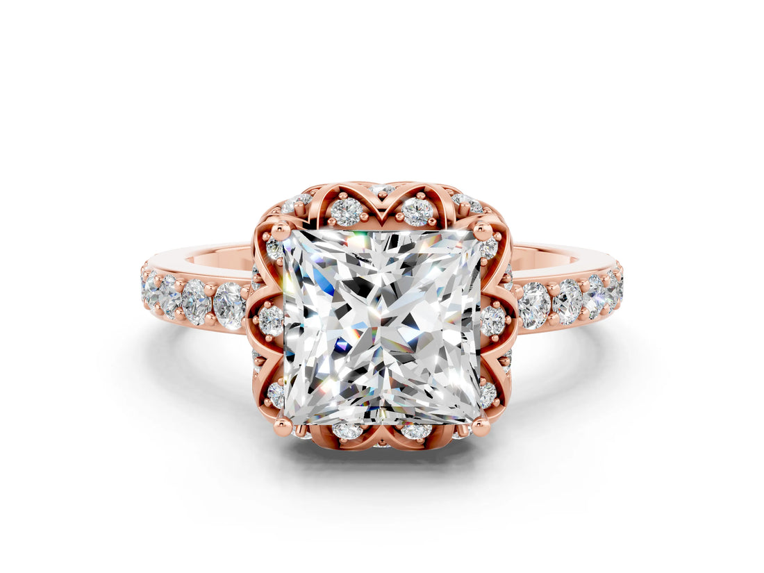 Rose gold Princess Cut Moissanite Scalloped Halo Engagement Ring with Round Shared Prong Band_12