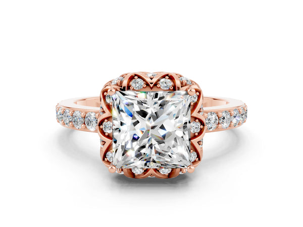 Rose gold Princess Cut Moissanite Scalloped Halo Engagement Ring with Round Shared Prong Band