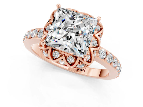 Rose gold Princess Cut Moissanite Scalloped Halo Engagement Ring with Round Shared Prong Band
