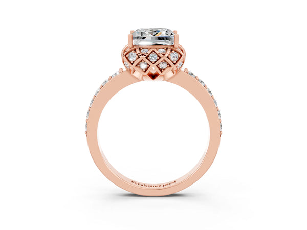Rose gold Princess Cut Moissanite Scalloped Halo Engagement Ring with Round Shared Prong Band