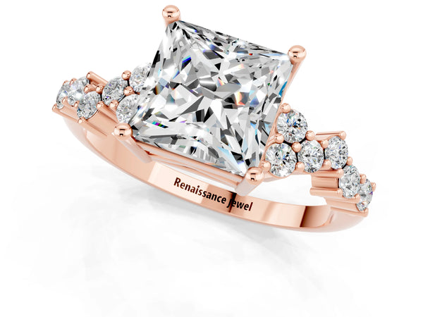 Rose gold Princess Cut Moissanite Scattered Round Accent Ring with Prong Setting