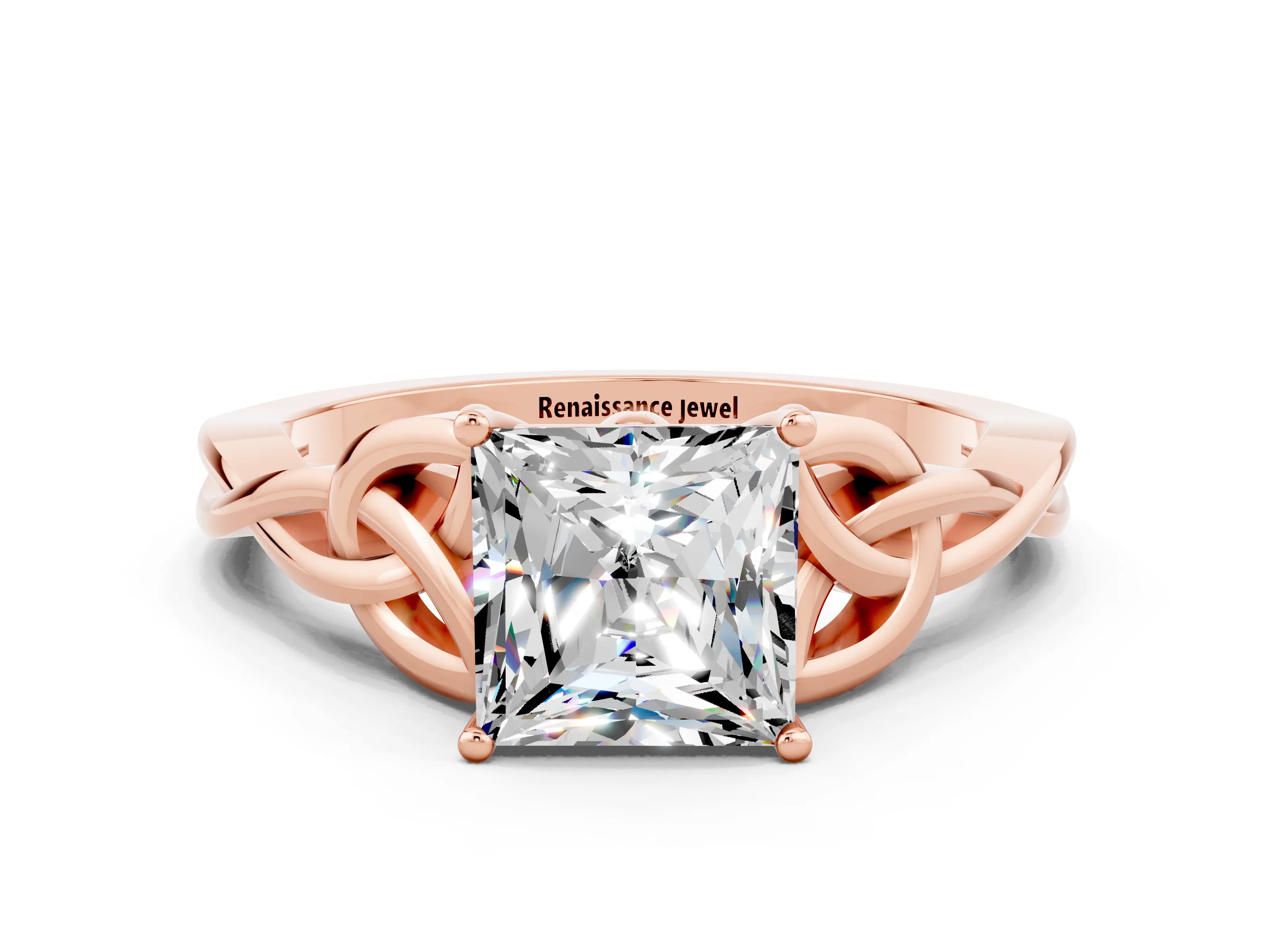 Rose gold Princess Cut Moissanite Solitaire Celtic Knot Ring with Four-Prong Setting_12