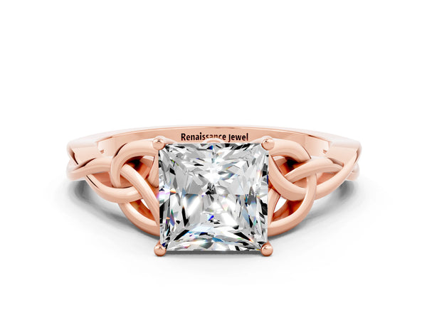 Rose gold Princess Cut Moissanite Solitaire Celtic Knot Ring with Four-Prong Setting