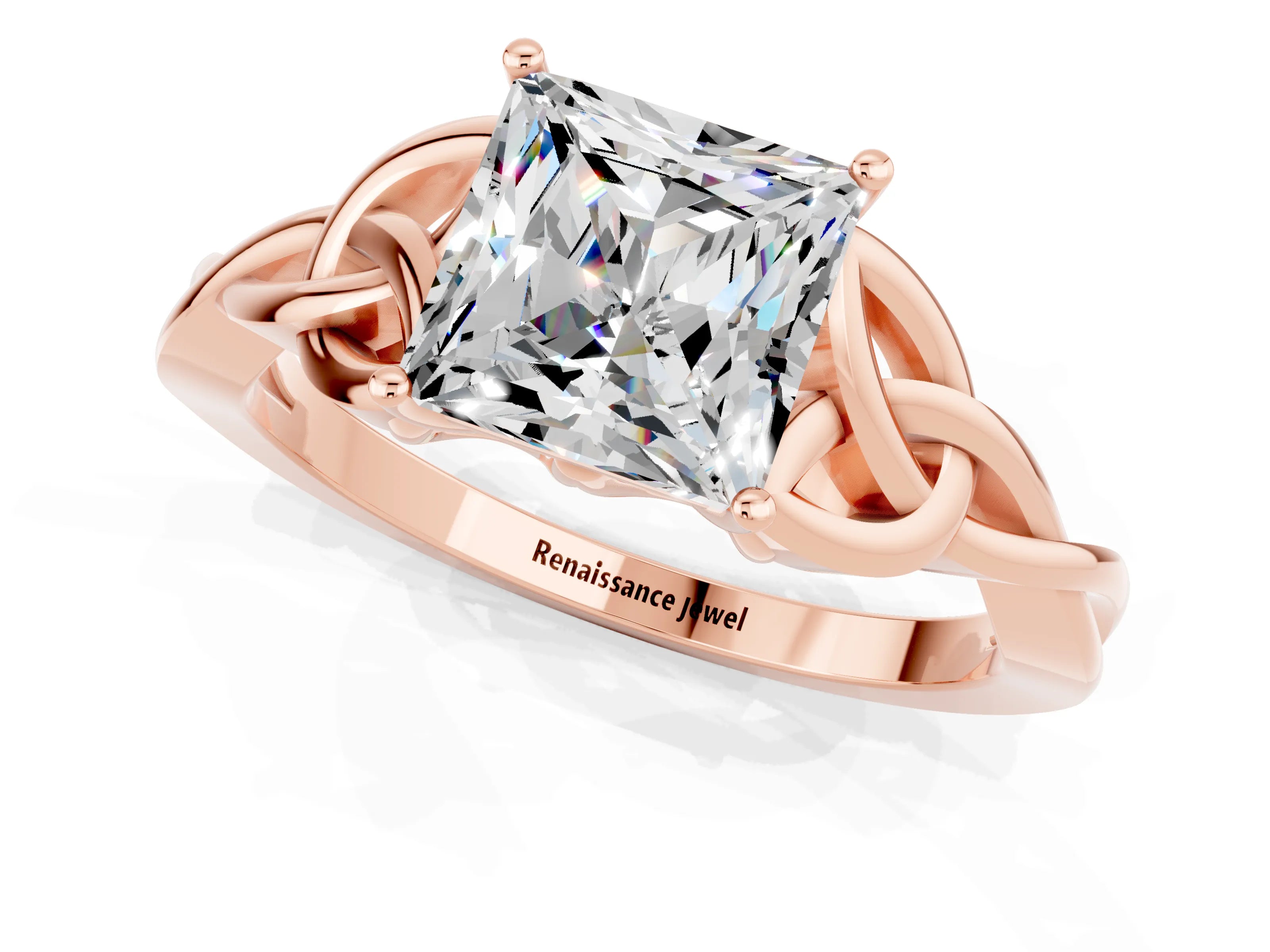 Rose gold Princess Cut Moissanite Solitaire Celtic Knot Ring with Four-Prong Setting_13