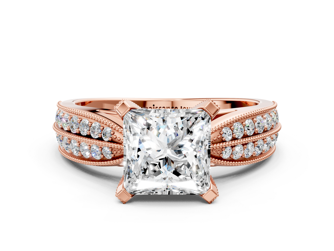 Rose gold Princess Cut Moissanite   Solitaire Diamond Ring with Milgrain Pavé Band and Four-Prong Setting_33