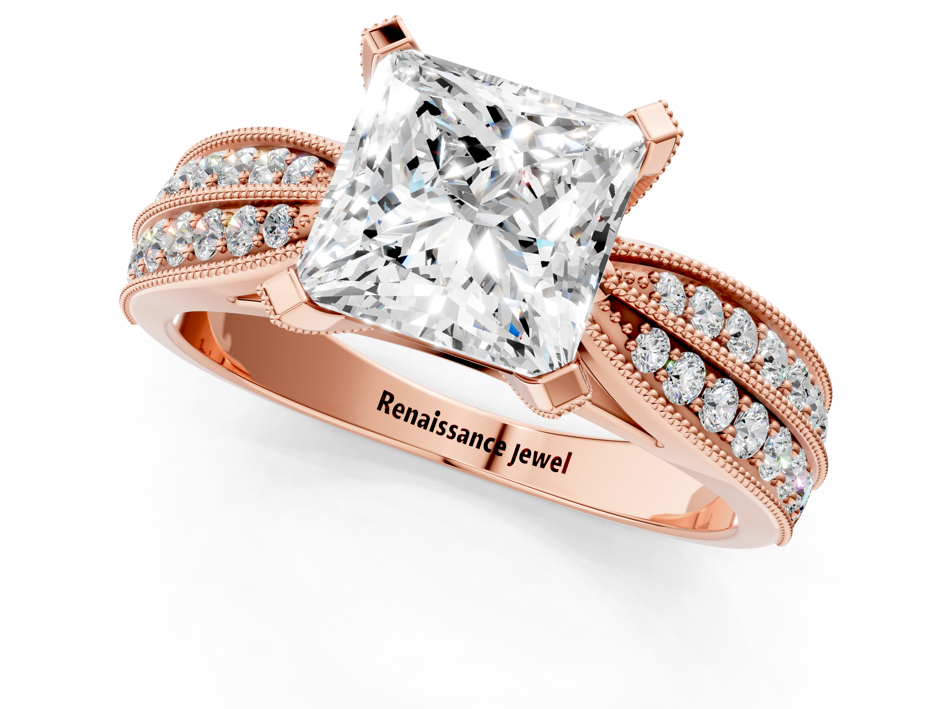 Rose gold Princess Cut Moissanite   Solitaire Diamond Ring with Milgrain Pavé Band and Four-Prong Setting_34