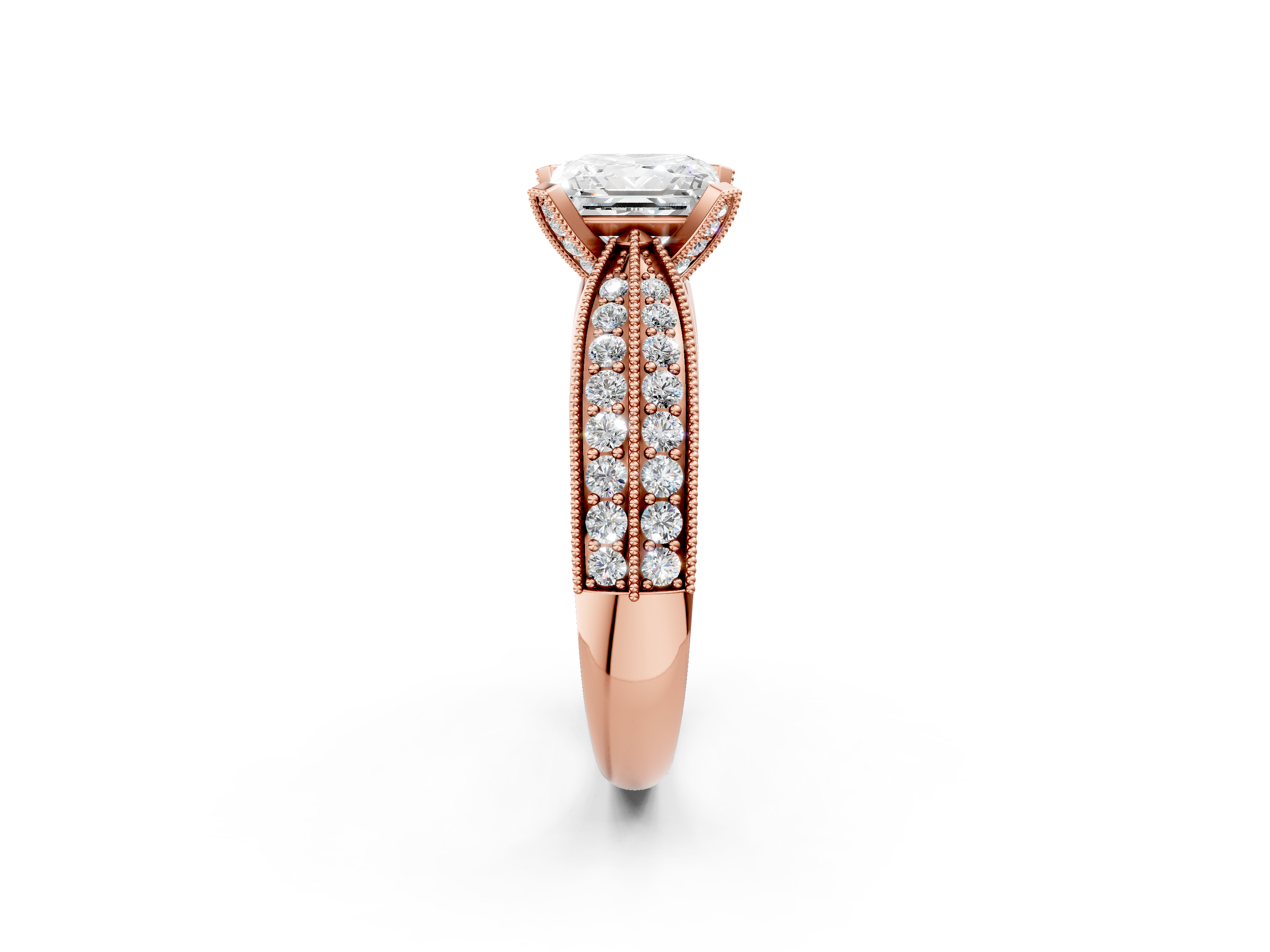Rose gold Princess Cut Moissanite   Solitaire Diamond Ring with Milgrain Pavé Band and Four-Prong Setting_35