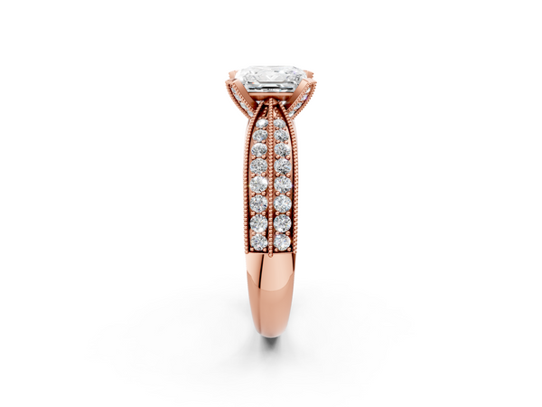 Rose gold Princess Cut Moissanite   Solitaire Diamond Ring with Milgrain Pavé Band and Four-Prong Setting