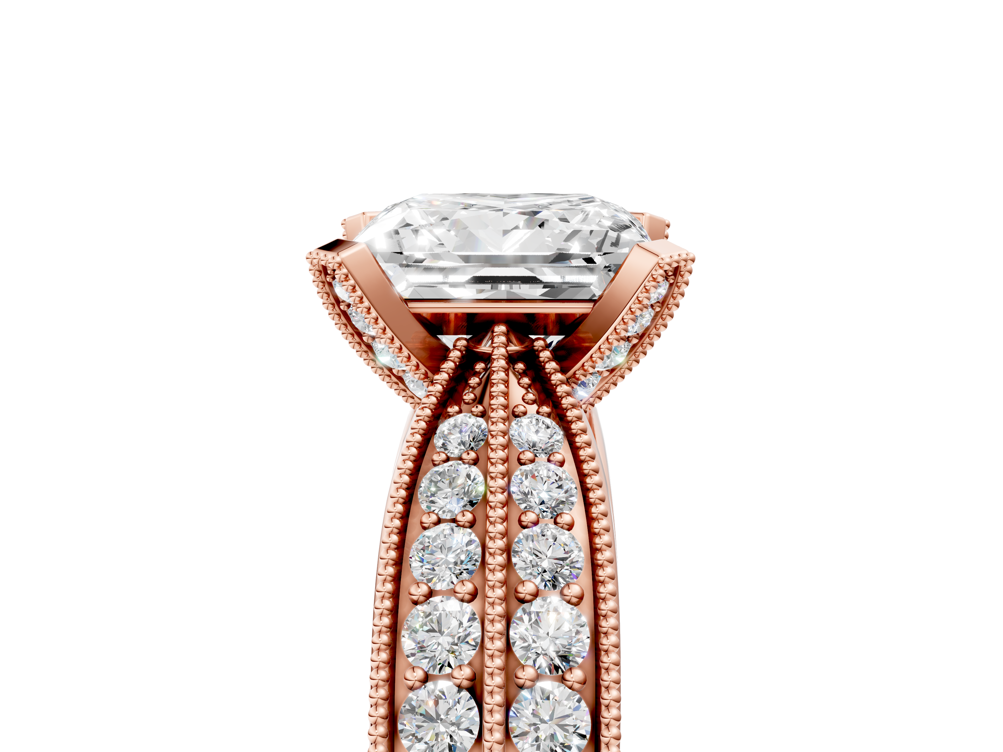 Rose gold Princess Cut Moissanite   Solitaire Diamond Ring with Milgrain Pavé Band and Four-Prong Setting_38