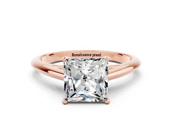 Rose gold Princess Cut Moissanite Solitaire Engagement Ring with Cathedral Setting and Four-Prong Mount