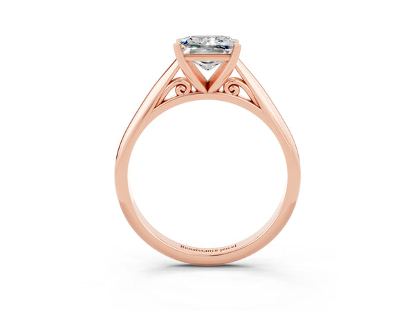 Rose Gold Princess Cut Moissanite Solitaire Cathedral Engagement Ring with Arched Shoulders