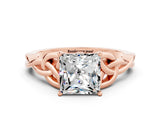 Rose gold Princess Cut Moissanite Solitaire Engagement Ring with Celtic Knot Band and Four-Prong Setting