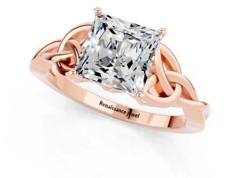 Rose gold Princess Cut Moissanite Solitaire Engagement Ring with Celtic Knot Band and Four-Prong Setting_1