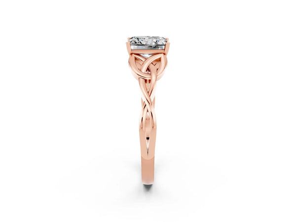 Rose gold Princess Cut Moissanite Solitaire Engagement Ring with Celtic Knot Band and Four-Prong Setting