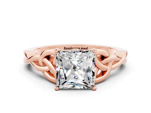 Rose gold Princess Cut Moissanite Solitaire Engagement Ring with Celtic Knot Band and Four-Prong Setting