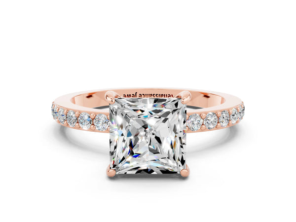 Rose gold Princess Cut Moissanite Solitaire Engagement Ring with Pavé Band and Four-Prong Setting