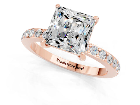 Rose gold Princess Cut Moissanite Solitaire Engagement Ring with Pavé Band and Four-Prong Setting_1