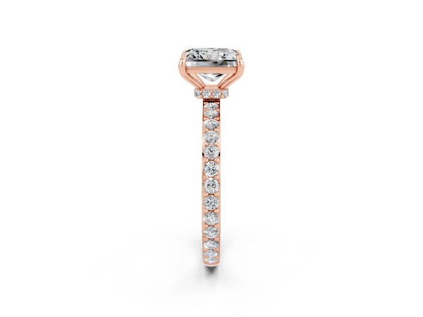 Rose gold Princess Cut Moissanite Solitaire Engagement Ring with Pavé Band and Four-Prong Setting