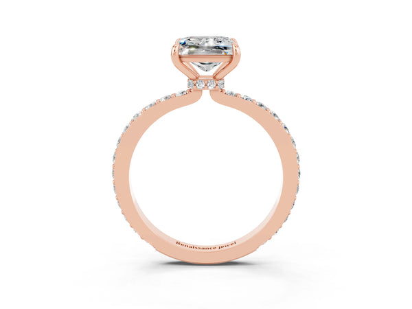 Rose gold Princess Cut Moissanite Solitaire Engagement Ring with Pavé Band and Four-Prong Setting