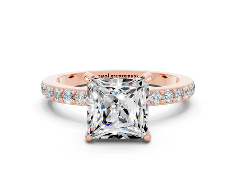 Rose gold Princess Cut Moissanite Solitaire Engagement Ring with Pavé Band and Four-Prong Setting
