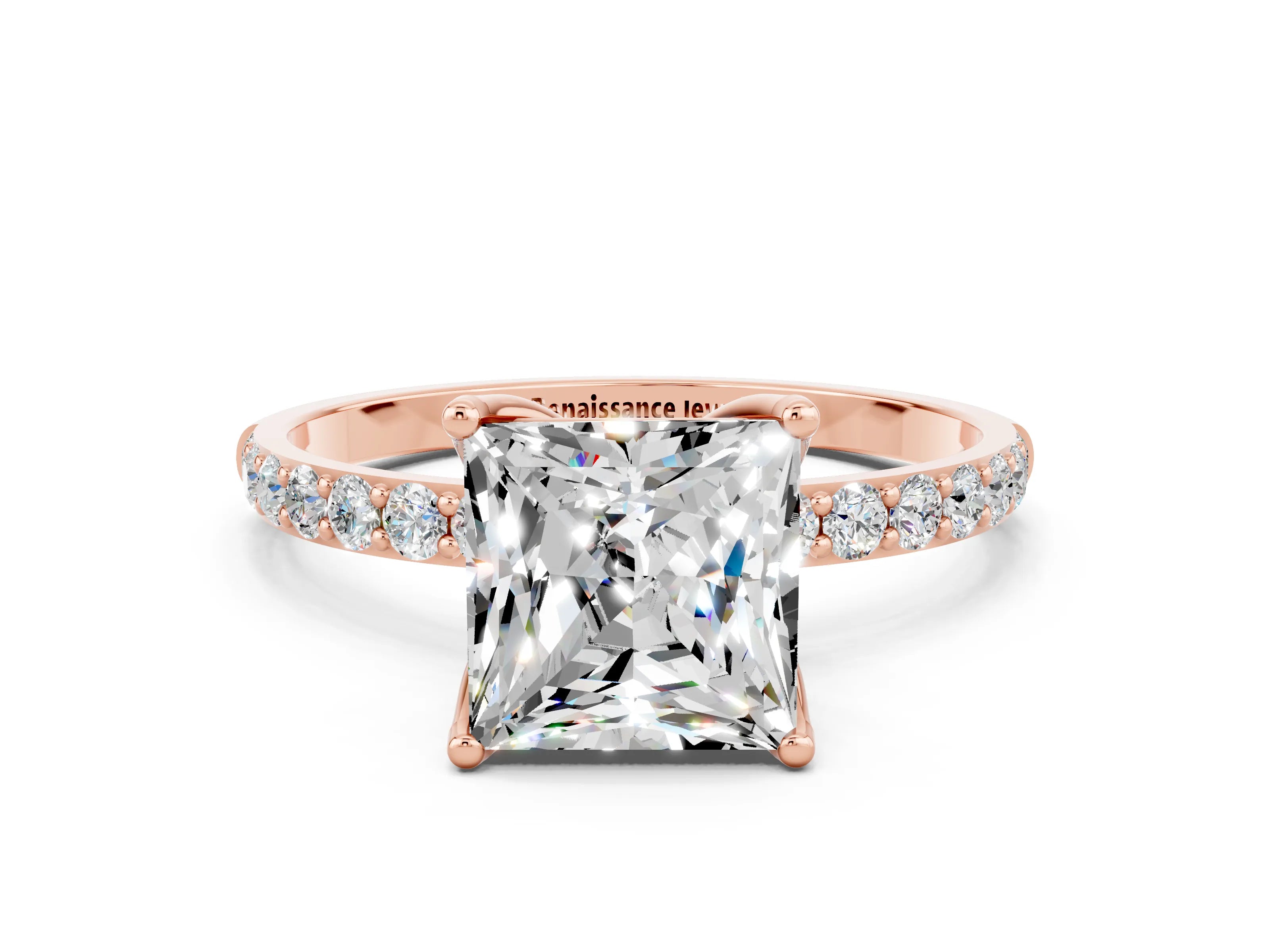 Rose gold Princess Cut Moissanite Solitaire Engagement Ring with Pavé Band and Prong Setting